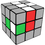 Rubik's cube denoting centre pieces and first layer cross. The front face is rotated a quarter turn clockwise, and the white/green piece is flipped.