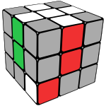 Rubik's cube with centre pieces and first-layer edge pieces coloured. The red/green/white corner piece is on the bottom layer with green on the bottom face.