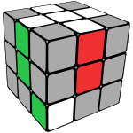 Rubik's cube with centre pieces and first-layer edge pieces coloured. The red/green/white corner piece is on the bottom layer with red on the bottom face.
