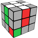 Rubik's cube with centre pieces and first-layer edge pieces coloured. The red/green/white corner piece is on the bottom layer with white on the bottom face.